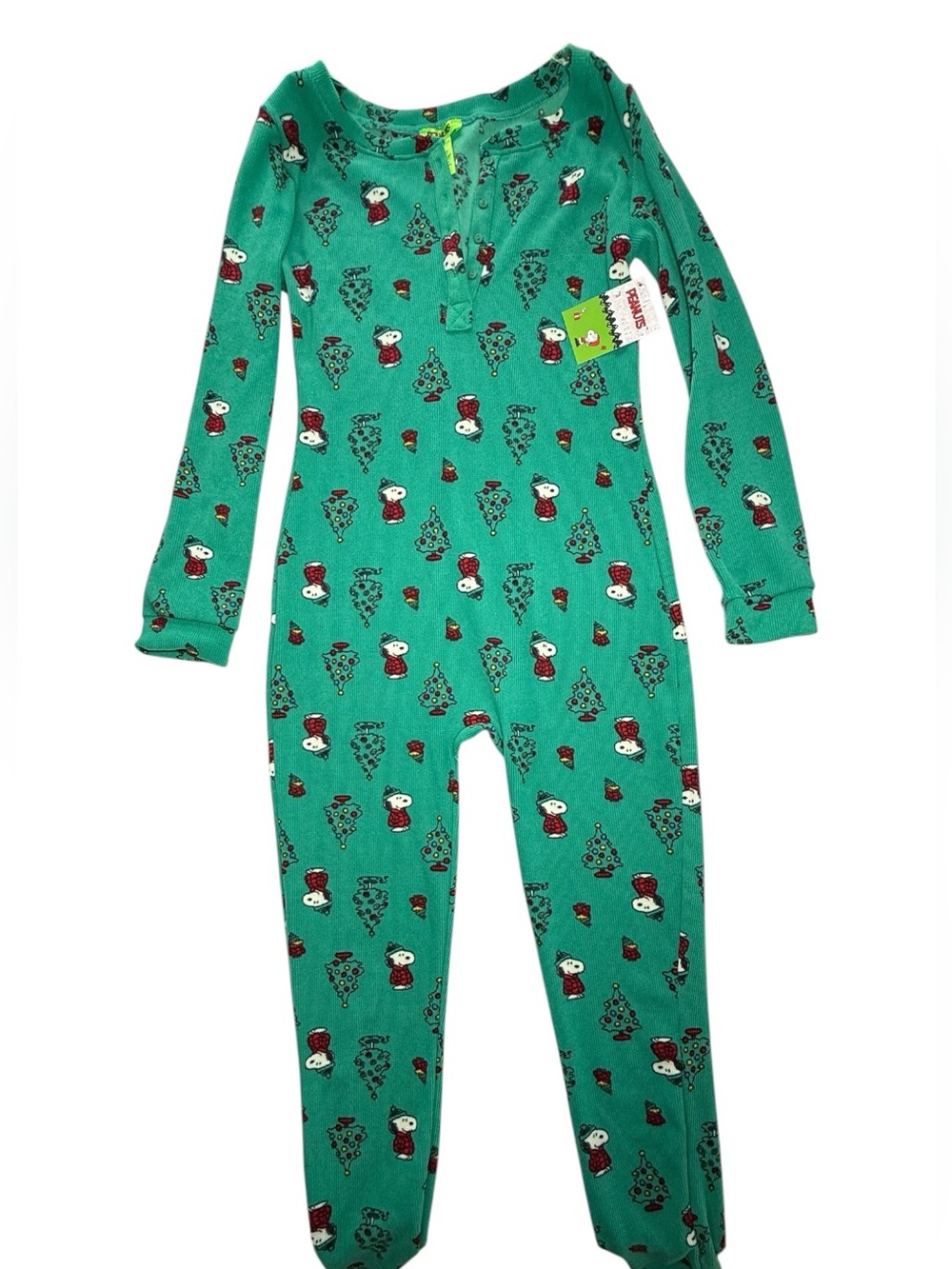 Peanuts Snoopy Christmas One Piece
Pajamas Green Waffle Knit Union Suit LARGE